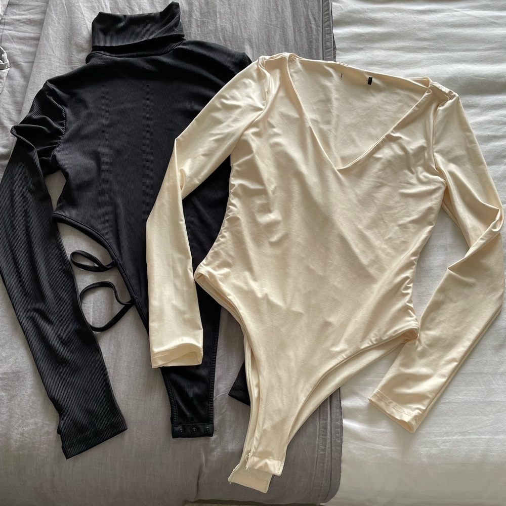 2 SHEIN Cream and Black Fitted Cut Out Bodysuit